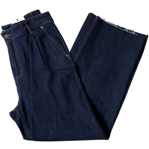 New OAT New York High Waist Wide Leg Raw Hem Jeans Dark Wash Denim Size 12 / 31 - Picture 1 of 14